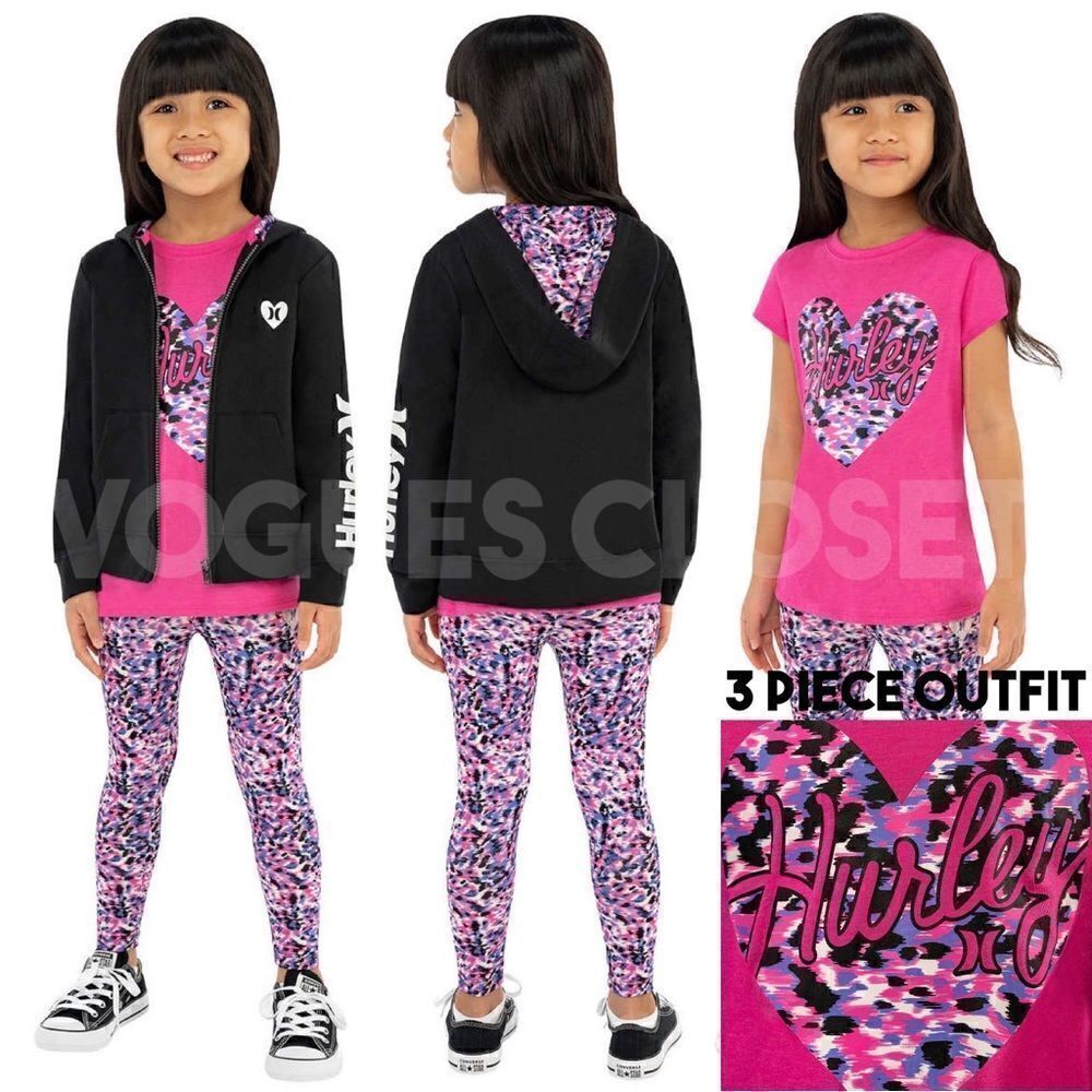 NEW! Hurley Kids 3 piece Set Full Zip Hoodie, Tee and Legging in Pink and Black